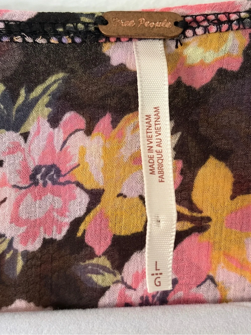 Free People Black Blouse with Pink, Purple & Yellow Floral Print Tie Front